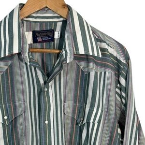 Vintage Panhandle Slim PearlSnap Shirt Mens 17.5 XXL Green Stripe Western VGUC